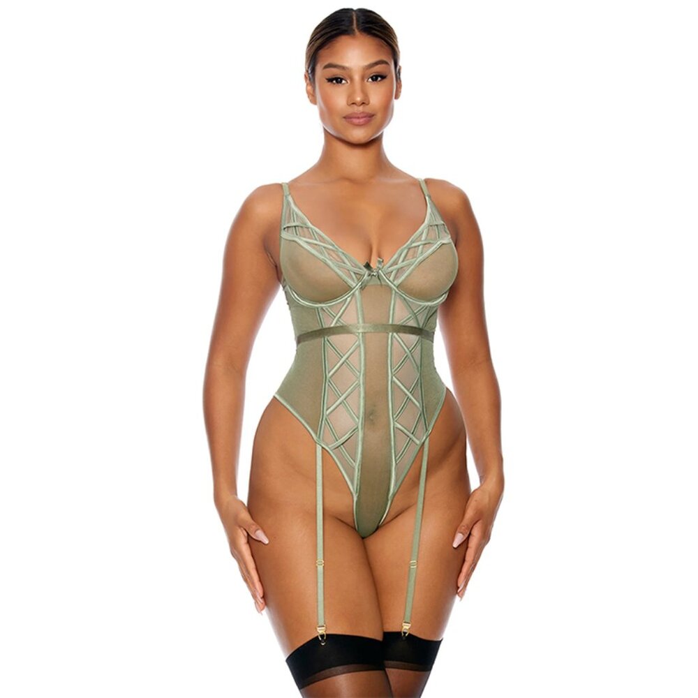 NWT Sage Green Mesh Bodysuit with Attached Garters - Size Medium